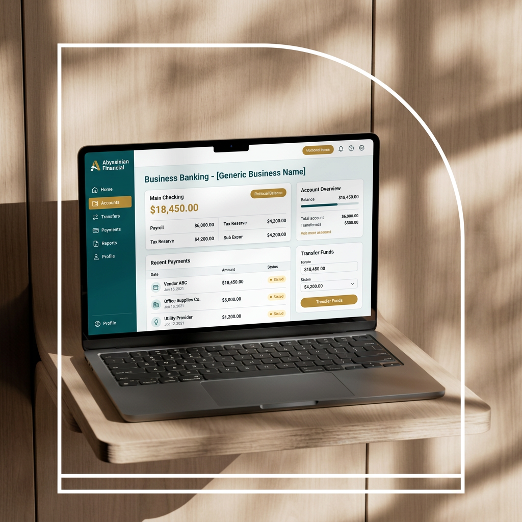 Illustrative business checking screen showing sample account balances and sub-accounts